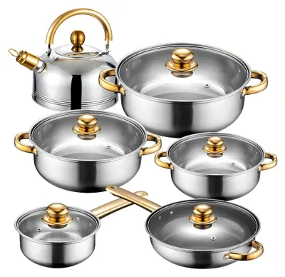 Produktbild von 12-teiliges Topfset aus Edelstahl mit Glasdeckel und goldenen Griffen