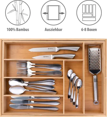 Produktbild von Alpina Besteckkasten Holz Organizer ausziehbar 46-56.5cm 6-8 Fächer Bambus