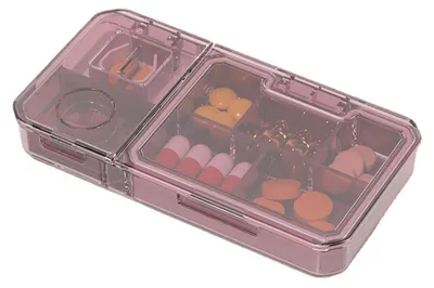 Produktbild von Pillendose in Lebensmittelqualität, gut abdichtend, feuchtigkeits- und staubdicht, mehrere Fächer, integrierter Tablettenteiler, 3-in-1-Tablettenteiler, ideal für den Outdoor-Einsatz