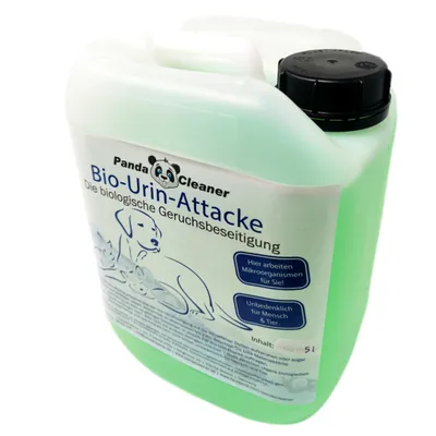 Produktbild von Pandacleaner Urin Attacke, Enzymatischer Geruchsneutralisator Konzentrat, 5 Liter. Für Haustiere (Katzen, Hunde) gegen Tier- & Uringeruch auf Teppichen, Polstern, Textilien. Biologisch, sicher für Mensch & Tier, 1:40 verdünnbar, auch präventiv.