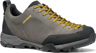Mojito Trail GTX Wanderschuhe von Scarpa in Grau mit gelben Schnürsenkeln und griffiger Sohle.