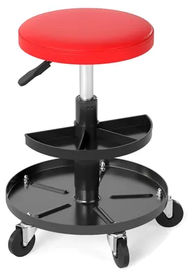 Image de Tabouret de travail COSTWAY avec 2 étagères pour outils et 5 roulettes, tabouret pivotant et réglable en hauteur de 42 à 56 cm, tabouret de travail rembourré, chariot d'atelier