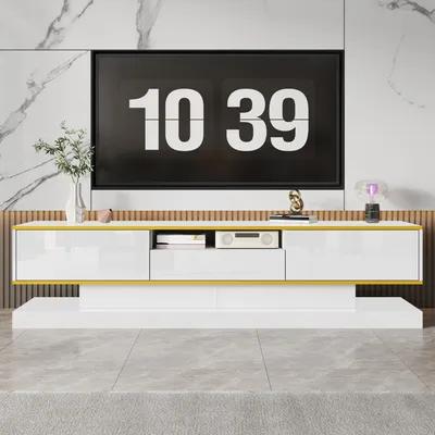 Obrázek produktu pro TV skříňka 180 cm, televizní stolek se 3 zásuvkami, otevřenou policí a RGB LED osvětlením ovládaným aplikací, moderní černý