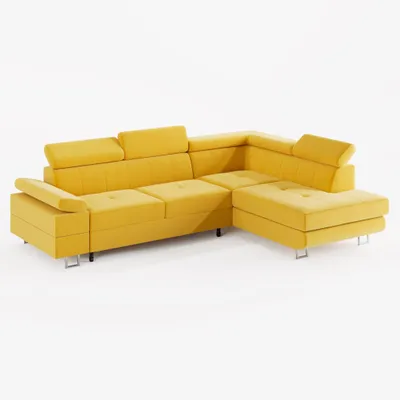 Image de Canapé d'angle CAROLINE (côté droit) en velours mat jaune, avec fonction couchage et coffre de rangement