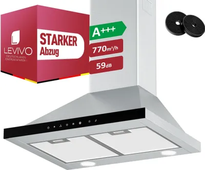 A stainless steel range hood with marketing labels and accessories.