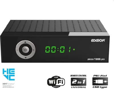 A black satellite receiver box with a digital display and controls on the front. Below the product are various icons and text indicating features.