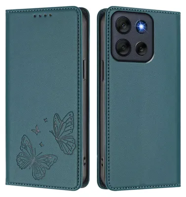 Produktbild von Lederhülle für Motorola Moto G56, Schmetterling Prägung Leder Brieftasche Schutzhülle mit Ständer Grün