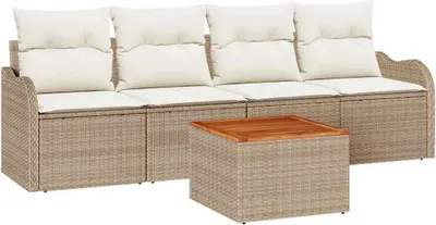 Immagine prodotto di Set da giardino composto da 5 pezzi, divano da 4 posti, colore beige e crema, realizzato in rattan sintetico