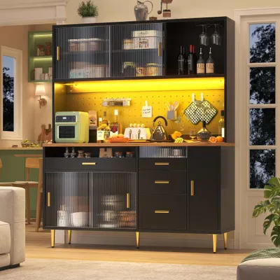 Produktbild von Wohnzimmerschrank mit LED-Leuchten und Lochregalen für Küche und Esszimmer, Hoher Schrank in modernem Design, Schwarz,145×39×171 cm