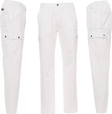 Three views of white cargo pants.