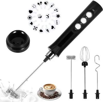 Produktbild von Elektrische Milchaufschäumer – Handmixer – Für die Zubereitung von Kaffee – 3 Geschwindigkeitsstufen – USB-aufladbar – Schwarz