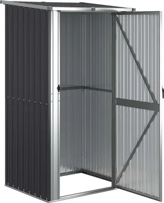 An empty metal shed with its doors open, shown from a slightly angled front view.