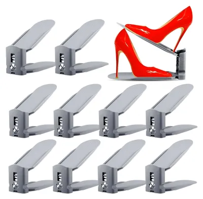 Produktbild von 10 Stück Einstellbare Schuhregale, Schuhhalter Set,3 Höhenverstellbar Abnehmbar, Platzsparend, rutschfest,Kunststoff (Grau)