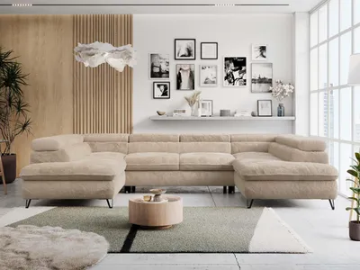 Produktbild von Wohnzimmersofa U-form, Eckcouch, Schlaffunktion und Bettkasten - PETER U - Plüsch - Ivory