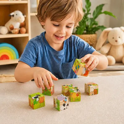 Zdjęcie produktu dla Klocki drewniane puzzle układanka 6w1 farma zwierzęta 9 elementów edukacyjne kostki dla dzieci od 3 lat