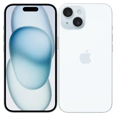A front and back view of a white iPhone 15.
