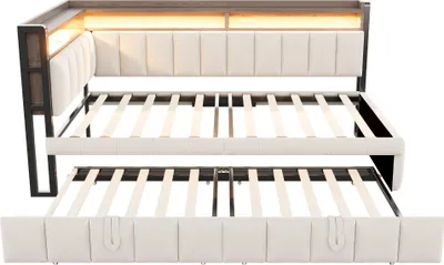 Produktbild von Merax Polsterbett Schlafsofa 90×200cm mit Ausziehbett, Tagesbett mit LED-Beleuchtung und Ablagefächern, USB & Typ-C Ladeanschlüssen, Samt Beige