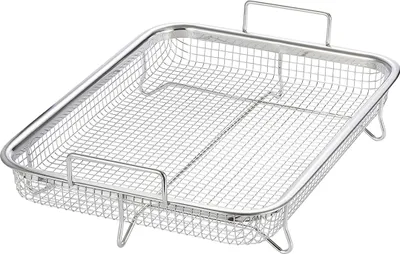 A stainless steel baking rack with handles, shown from a slightly elevated angle against a white background.