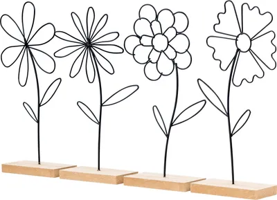 Produktbild von 4er Set Blume Aufsteller Metall MDF Schwarz Natur Draht Deko Tischdeko Frühling