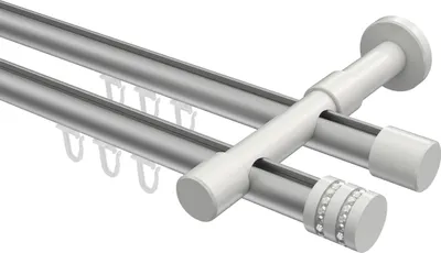 Produktbild von Interdeco Innenlaufstange / Gardinenstange mit Innenlauf Silbergrau / Weiß, Typ Prestige Estana (Glitzerkappe), 20 mm Ø 2-läufig, 180 cm