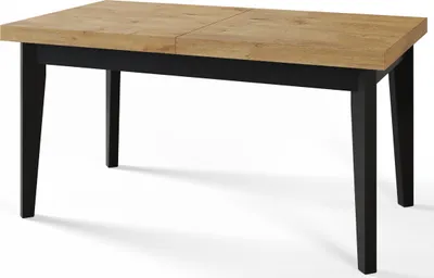 A rectangular dining table with a light brown wood top and black legs, shown from a slight angle.