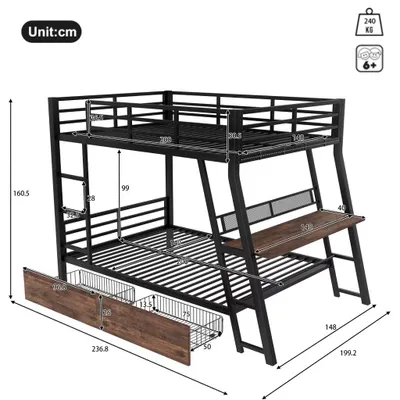 Imagen del producto de Cama alta de metal, 140 x 200 cm, con barandilla de seguridad, barra de luces LED, escritorio, espacio de almacenamiento, color negro