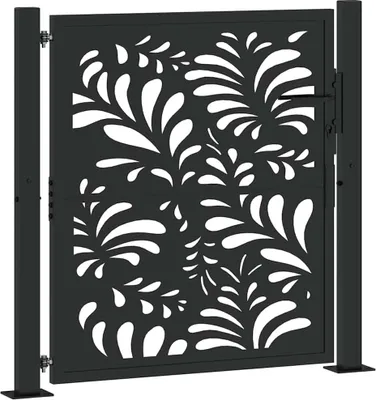 A black metal garden gate with a decorative leaf pattern.