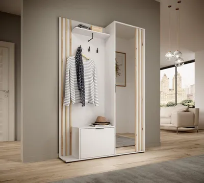 Produktbild von Garderobe – Flurgarderobe – Garderobe mit Spiegeltür – NELLY – 131 cm – Weiß – Flurgarderobe ohne Sitzkissen – Modernes Design
