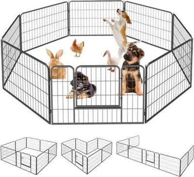 Productafbeelding van Hondenren 8 Panelen - 160 x 160 x 60 cm - Metaal - Zwart - Binnen En Buiten - Puppyren