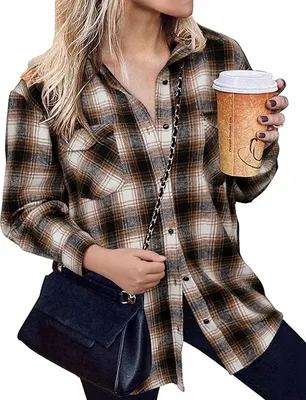 Produktbild von ASKSA Damen Bluse Casual Kariert Hemdjacke Knöpfe Langarmshirt Plaid, Braun, M
