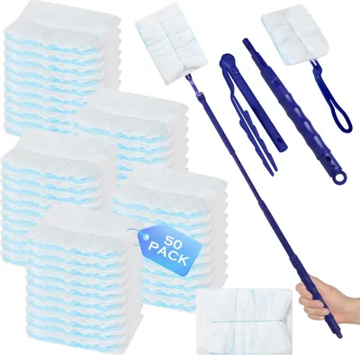 Imagen del producto de Kit de repuesto para paños absorbentes de polvo, 50 unidades, de microfibra, con 2 mangos telescópicos, para la limpieza