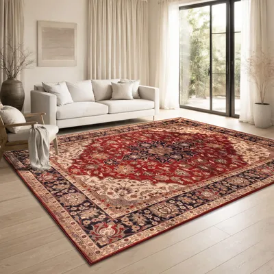 Immagine prodotto di Tappeto vintage orientale per soggiorno lavabile a pelo corto antiscivolo rosso beige multicolore oro dimensioni 160x220 cm