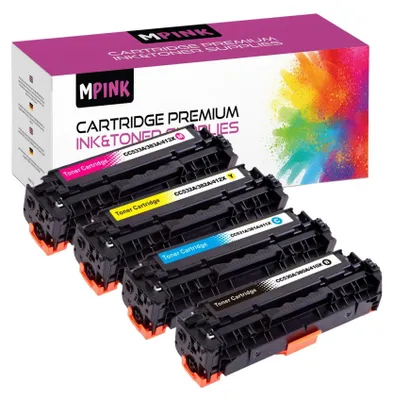 A set of four toner cartridges for a printer, with the packaging in the background.