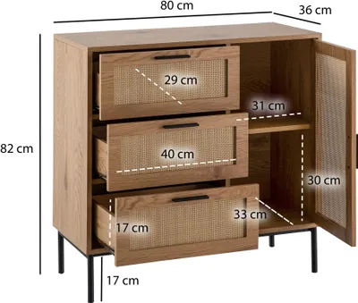 Immagine prodotto di Cassettiera in rovere decorato 80 cm credenza con 3 cassetti e 1 anta in rattan viennese design wickerwork highboard - cassettiera