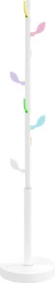 A white coat rack with colorful leaf-shaped hooks.