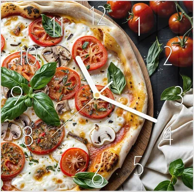Produktbild von Wanduhr aus Glas mit Motiv Pizza mit Tomaten- 30 x 30 cm - inkl. Aufhängesystem