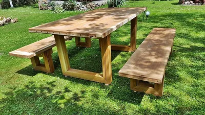 Produktbild von Casa Padrino Gartenmöbel Set Rustikal - Tisch + 2 Garten Bänke (Länge: 200 cm) - Eiche Massivholz