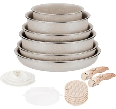 Productafbeelding van Pan- en steelpannenset, inductiegeschikt, antiaanbaklaag, afneembare handgrepen, graniet, 6-delig, bruin