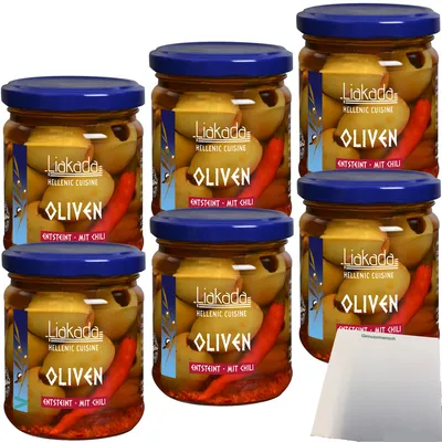 Produktbild von Liakada Oliven mit Chili entsteint 6er Pack (6x90g Glas) + usy Block