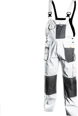 A pair of white and gray work overalls with bib and suspenders, shown against a white background.