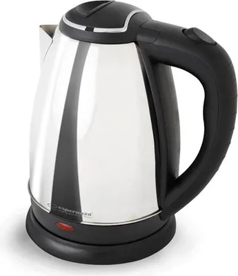 A studio shot of a silver and black electric kettle on a white background.
