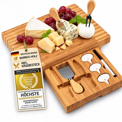 Produktbild von Dimono Premium Käsebrett Komplett-Set 8-tlg inkl. hochwertigem Käsemesser, Käsegabel, Spezial-Besteck & Beschriftungsfähnchen, 33x33cm