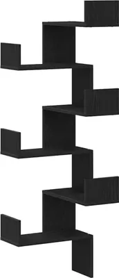 A black, zig-zag shaped wall shelf unit against a white background.