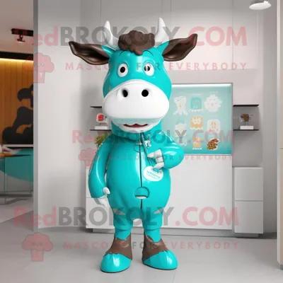 Produktbild von Türkisfarbene REDBROKOLY Kuh Maskottchen Kostüm figur bekleidet mit einer Windjacke und Ohrringen