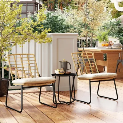 Produktbild von 3tlg Gartenlounge-Set mit 2 Stapelbare Stühle 1 Tisch und Kissen wetterfest Gartenmöbel Set Balkonmöbel-Set für Garten Beige & Braun