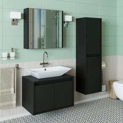 Produktbild von Roomart ATLANTIC-65 Badmöbel-Set 4-teilig 65 cm breit, Schwarz-Eiche