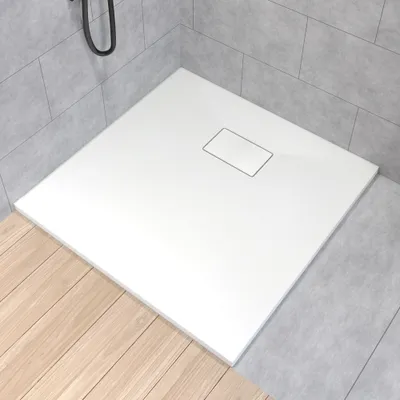 Zdjęcie produktu dla Brodzik Posadzkowy Prysznicowy Kwadratowy 80x80x3,2 SMC Kompozyt, Efekt Kamienia | w zestawie - Syfon, odpływ ⌀90 mm | BADLAND VIDAR