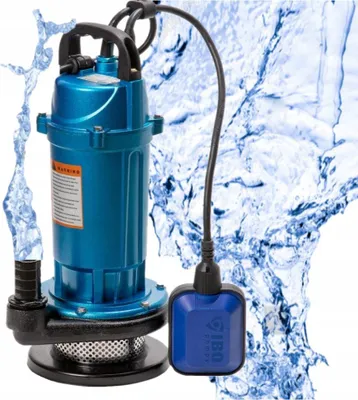 A blue submersible pump with a float switch is shown against a background of splashing water.