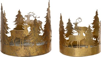 Teelichthalter Metall 8-10cm mit Hirsch & Bäumen 2er Set Gold
