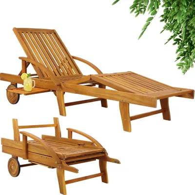 Produktbild von CASARIA® Sonnenliege Holz Klappbar 160kg Belastbarkeit Räder Tisch Fuß- und Rückenteil variierbar Ablage Garten Balkon Terrasse Gartenliege Akazie